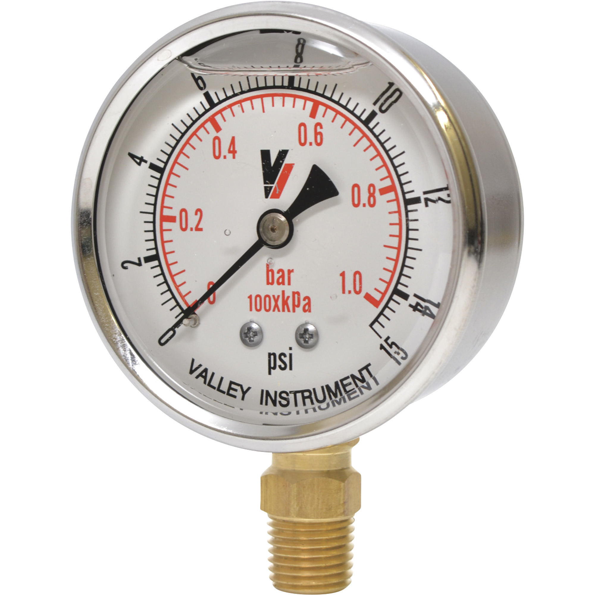 Valley Industries, 2.5in. Bottom Mt Gauge 15PSI, Case Material Stainless Steel, Min. Operating Pressure 0 PSI, Max. Operating Pressure 15 PSI, Model# 2140GXB15